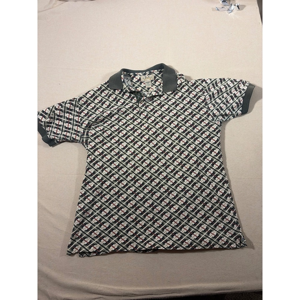 Izod‎ Golf Mens XLT Green Geometric Grid Short Sleeve Cotton Polo Shirt Vintage